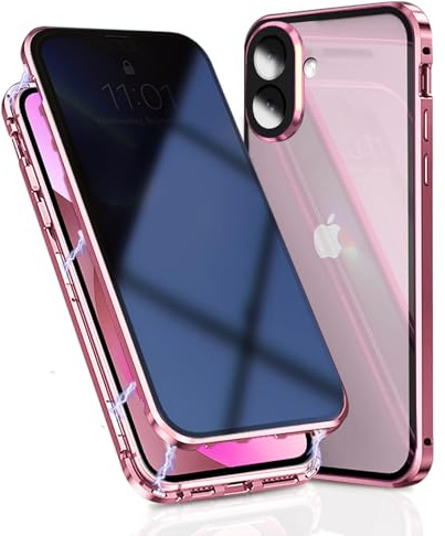 OMGZONE Privacy Case for iPhone 16 Magnetic Cover,Screen Protector built-in Anti-peep Tempered Glass Full Cover with Camera Protector,360 Degree Metal Bumper Case for iPhone 16,Pink