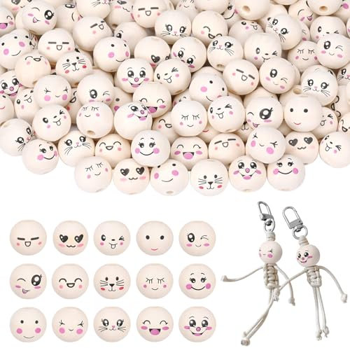 Szaboviktoria 150 Stück 20 mm Holzperlen,15 Stile Holzperlen mit Gesicht, Holzkugeln mit Loch, Holzköpfe für Sorgenwürmchen, Perlen mit Gesicht für DIY Schmuck Armband Bastelarbeiten Dekorati