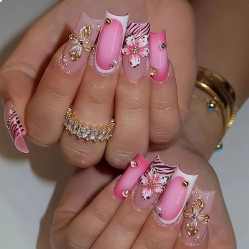 GlamRays Pack of 24 Y2K Pink Leopard Flowers 3D Glitter Stripes Long Coffin Nail Tips, Chic Sticky False Nail for Press On, Suitable for Women and Girls