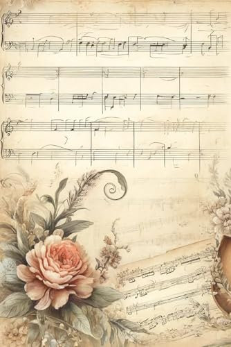 Notizbuch mit Linien, Motiv Pfingstrose vor einem vintage Notenblatt: romantisches Design, Pergamentfarben-Braun Format: Ca. 6 x 9 Zoll (ähnlich DIN A5) Seiten: 150 linierte Seiten
