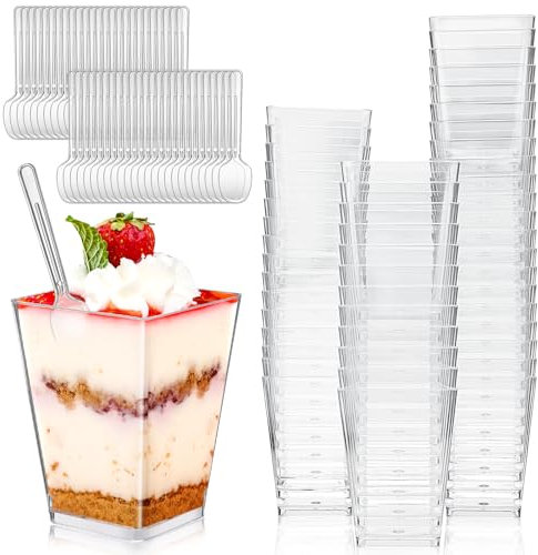 Zeawavsl 50 Stück Desserttasse mit 50 Stück Löffeln, 5OZ/160ML Plastik Desserttasse, Klare Dessertschalen, Dessertschalen Wiederverwendbar, für Mousse Pudding Eiscreme Dessert Party Picknick