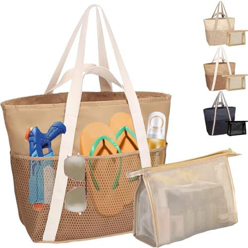 LUKIUP 2-teiliges Set Strandtasche Familie, Handtasche Damen, XL Badetasche mit mini Badetasche, Beach Bag Einkaufstaschen für Reisen Einkaufen und Alltag(Braun)