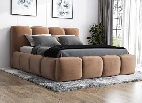 A&J MöbelLand Polsterbett 140x200 mit Bettkasten und Lattenrost – DONA, Bett mit Matratze und Stauraum in Braun