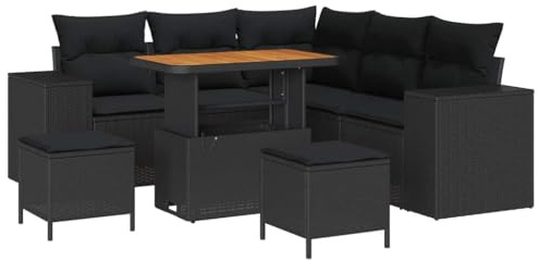 vidaXL Garten-Sofa-Set 8 pcs Schwarz Poly-Rattan, Al Fresco Treffen, modernes Garten-Lounge-Set, wetterfestes Sofa, Flexible Sitzplätze, Akazienholz-Design