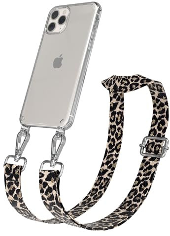 EAZY CASE Handykette - Verstellbares Taschenband kompatibel mit iPhone 11 Pro, Schulterriemen, Handykordel mit Silikon Hülle, Umhängetasche, Leo - Schwarz Beige Metall Silber