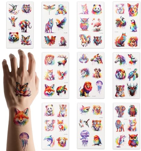 60pcs Animal Temporary Tattoos for Kids, Waterproof Watercolor Fake Tattoo | Animal Theme Tattoo Stickers Arm Shoulder Decorations and Birthday Party Supplies Gifts for Boys Girls Children