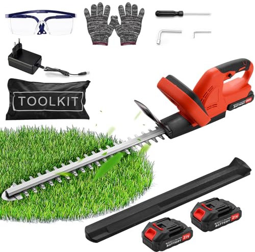 Sararoom Tagliasiepi a batteria | 21 V 500 W | 1500 R/min leggero Hedge Trimmer con 2 batterie, lunghezza di taglio 51 cm, distanza di 17 mm, impugnatura ergonomica, caricabatterie, occhiali di
