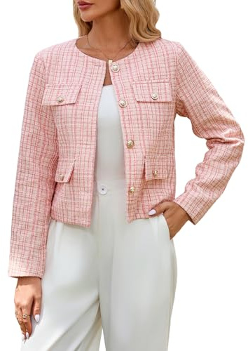 YEXPINE Vestes de Blazer en Tweed raccourcies pour Femmes élégantes et Minces sans col d'affaires Tenues décontractées