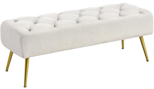 Yaheetech Modern Ottoman Footstool Upholstered Bedroom Benches Button-Tufted Footrest Stool Table Bench with Gold Metal Legs for Living Room/Entryway, 40 x 114 x 43cm, Ivory