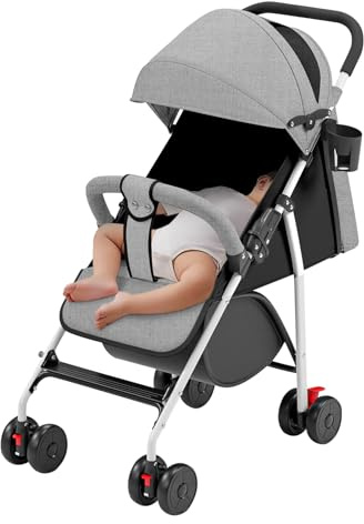 Belfoyer Kinderwagen Buggy Liegefunktion, Leichter 4-Rad Buggy ab 0–4 Jahre, Verstellbare Rückenlehne, Klein Zusammenklappbar, mit Moskitonetz & Cupholder (Grau)
