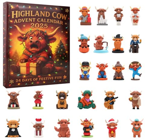 3D Highland Cow Adventskalender 2025 – 24 Tage Weihnachts-Countdown mit niedlichen Highland-Kühen – Originelles Geschenk & Winter-Deko