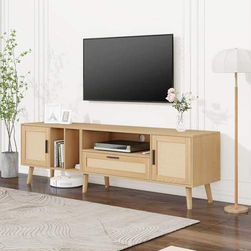 Ligterra 180-cm-TV-Schrank mit 2 Türen und Einer Schublade, Rattan-Dekoration, Beine aus Massivholz, Lowboard für Fernseher, TV-Aufbewahrungsschrank, Fernsehtisch(Eiche)