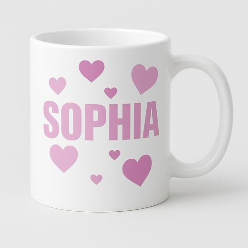 Vacso Trading Personalised Name Mug for Girls & Ladies – Custom Any Name with Pink Heart Design – 11oz White Ceramic Mug – Gift for Women, Teens, Daughters, Friends