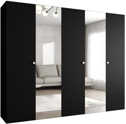 MEBLE KRYSPOL - Kleiderschrank - Garderobenschrank - 250 cm x 202 x 52 cm - Schrank mit Kleiderstange und Spiegel, 5 Türen - für Schlafzimmer, Flur - Parma, Schwarz, Griff Silber
