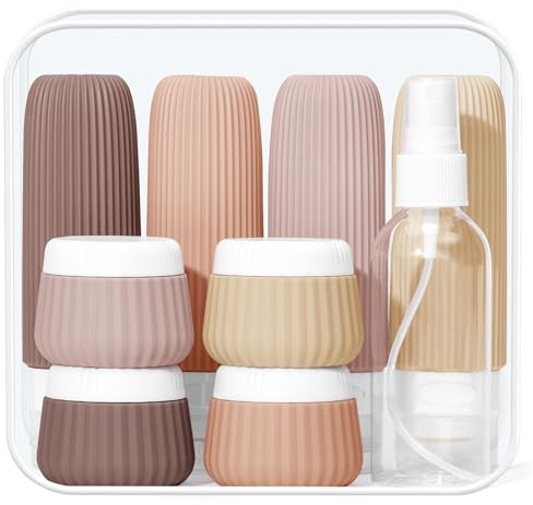Maoweni Travel Bottles for Toiletries-9 Pack Silicone Travel Bottles Leak-Proof TSA Approved Refillable Containers for Toiletries with Clear Waterproof Bag for Shampoo Conditioner Lotion(Red Soil)