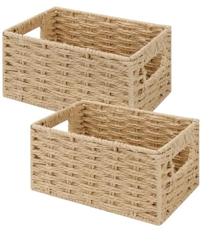Otauoaea 2er Set Aufbewahrungskorb Geflochten, 22 x 17 x 11,5 cm | Papierseil Braided, Storage Basket Mit Metallrahmen, Korb für Geschenke, Badezimmer, Küchen, Kinderzimmer