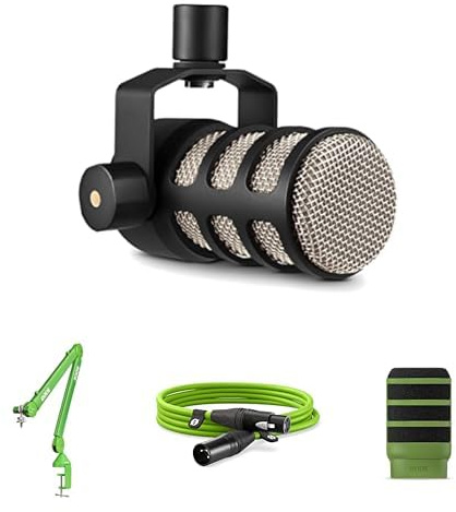 RØDE PodMic Dynamic Microphone, PSA1+ Professional Studio Arm, WS14 Pop Filter, and 3-metre XLR Cable Bundle (Green)