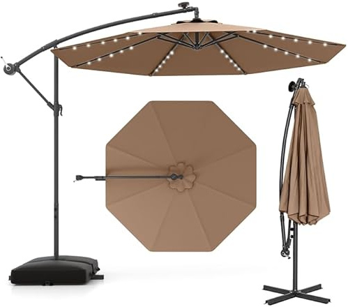 COSTWAY Parasol Déporté 3,5x3,5M, Parasol de Jardin Extérieur 40 LED Solaire avec 2 Sacs de Sable, Protection UV, Socle en Croix, Inclinable, Manivelle, pour Balcon, Jardin, Terrasse, Plage (Marron)