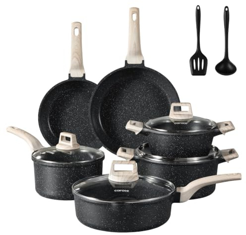 CAROTE Juego de Ollas y Sartenes Antiadherentes 12 Piezas, Efecto Granito | Batería de cocina con mango efecto madera, compatible con inducción, gas y vitrocerámica, libre de PFOA