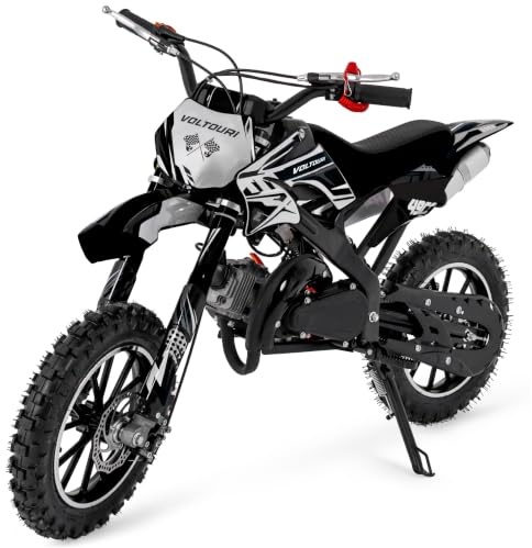 Benzin Dirt Bike Mini Motocross Crossbike Pocket Bike mit E-Start Pull-Start LED-Scheinwerfer 10 Zoll Offroad Reifen bis 35 km/h (SCHWARZ, Pull-Start Ohne LED)