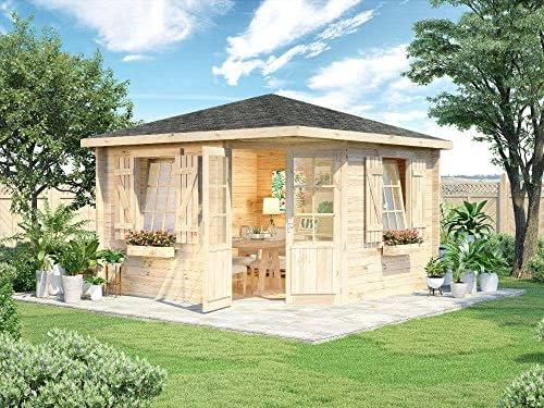 Alpholz 5-Eck Gartenhaus Monica Royal aus Massiv-Holz, Blockbohlenhaus mit 40 mm Wandstärke, Holzhaus mit Imprägnierung (pinie), Garten Laube 350 x 350 cm, Spitzdach
