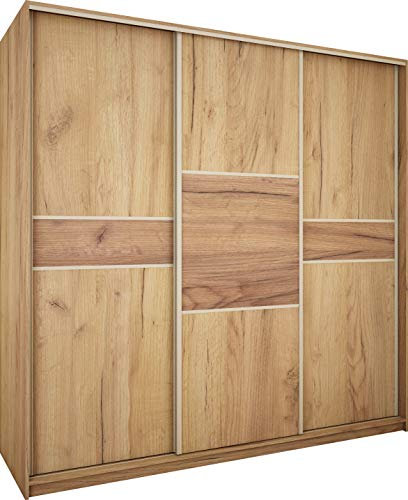 FurnitureByJDM Armoire Porte Coulissante - Armoire 3 Portes avec Penderie & Étagères - (220x216x65 cm) - Moderne Garde Robe - Meuble de Rangement - Puerto (Craft Or/Craft Tabac)