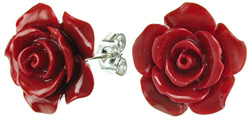 925 Sterling Silver Simulated Red Coral Rose Flower Stud Post Earring