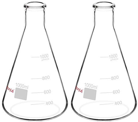 StonyLab (2 Pack) 1000ml Narrow Mouth Erlenmeyer Glass Flasks with Heavy Duty Rim, 1 L (1 Liter)