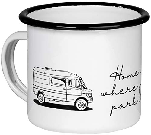 MUGSY Emaille Tasse, Wohnwagen Home is where you park it, 300ml, Camping Tasse, bruchfest & leicht
