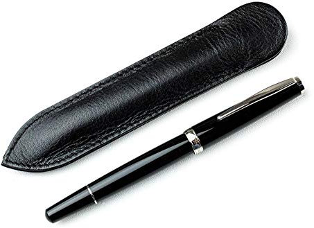 DELMON VARONE - Premium Füllfederhalter Schwarz mit Patrone/Konverter & Lederetui - Metall Füller mit feiner Feder & Leder Etui mit Gravur - Füllfeder für Erwachsene edel, nachfüllbar mit Pen Case