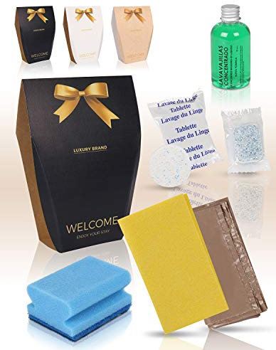 MAXIMA AMENITIES Pack de 20 Kits de Limpieza para Cocina en Alojamientos Turísticos, Campings y B&B - Incluye Bayeta Amarilla, Salvauñas Azul, Lavavajillas 75ml, Pastillas y Bolsa de Basura