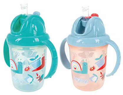 Nuby Botella de agua Flip N Sip, que no se derrama, 240 ml/8 oz, pajita pesada con doble asa, apta para lavavajillas, adecuada para 6 meses y más (caracoles, paquete de 2) 048526890422
