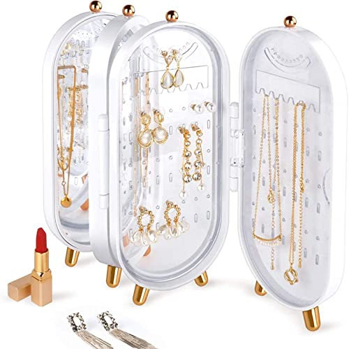 Faltbarer Ohrring Organizer Box - 4 Stufen Staubdichter Schmuck Ohrring Halter Stand, Frauen Ohrring Display Lagerung mit Spiegel, Halskette Halter, 153 Löcher für baumelnde Ohrringe, Geschenk, Weiß