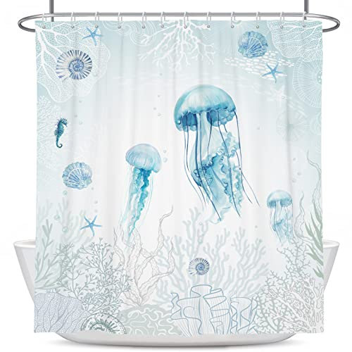 Coxila Strand-Duschvorhang, Ozean, Meer, Küste, nautische Quallen, Seestern, Seepferdchen, Meereslebewesen, Koralle, Muschel, Muschel, Badezimmer, Dekoration, 152 x 183 cm, Polyestergewebe,