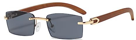 Junsika Randlose Rechteckige Holz Sonnenbrille für Herren und Damen Klassische Retro Holz Schwarz Sonnenbrille UV400 Schutz