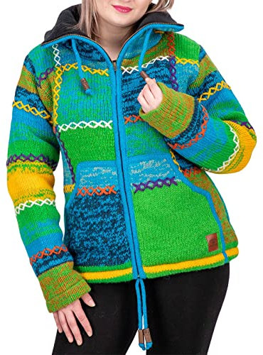 Damen Strickjacke Goa Wolle Bunte Patchwork Jacke mit Fleecefutter und Hochkragen, Größe:M