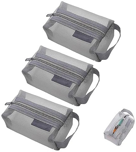 Qosneoun Portable Square Mesh Storage Bag, Portable Mesh Storage Bags, Mesh Cosmetic Pouch, Portable Mesh Zipper Cosmetic Bags Mesh Coin Purse Small (3Pcs-Gray)