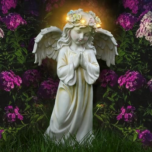 Kssiaz Statue du Jardin des Anges, Sculpture de Fée avec Couronne Illuminée à Energie Solaire, Figurine de l'ange de la Prière Décoration de Jardin Extérieur Imperméable de Jardin Cour Salon, Blanc