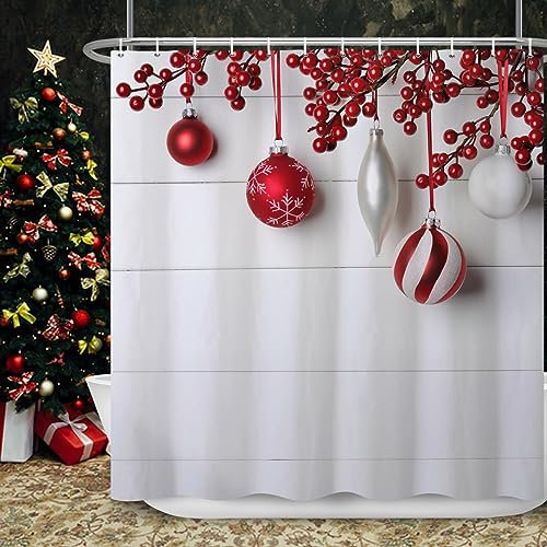 Ttincceer Rideau de Douche de Noël 180x180cm - Rétro Bois Blanc Rouge, Boule de Noël - Moderne Nouvel An Décoration de Salle de Bain - Étanche