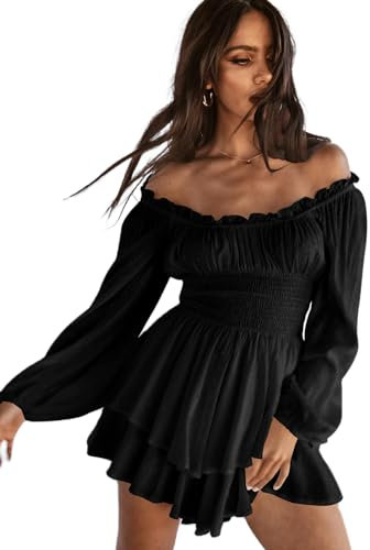 Women Puff Sleeve Square Neck Romper Dress Off Shoulder Ruffle Shorts Smocked Layered Flowy A Line MiniBeach Swing Dress Sundress (B-Black, M)