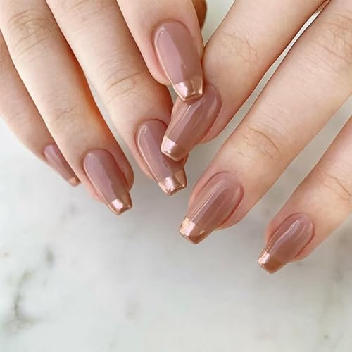 24pcs Short Coffin False Nails French Gold Tip Stick on Nails Ballerina Press on Nails Removable Glue-on Nails Acrylic Full Cover Fake Nails Women Girls Nail Art Accessories