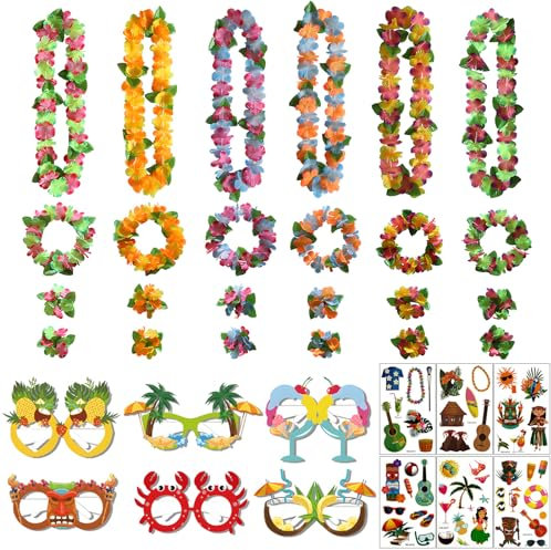 36Stück Bunten Hawaiiketten Hawaii Blumenketten mit Halsketten, Elastischen Stirnbänder und Armbänder, Hawaii Kette Blumen, Hawaii Deko Set, Hawaii Party Deko für Hawaiian Party Strand Dekorationen