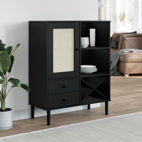Furniture Home Tools Highboard SENJA Rattan-Optik schwarz 90x40x112cm Massivholz Kiefer