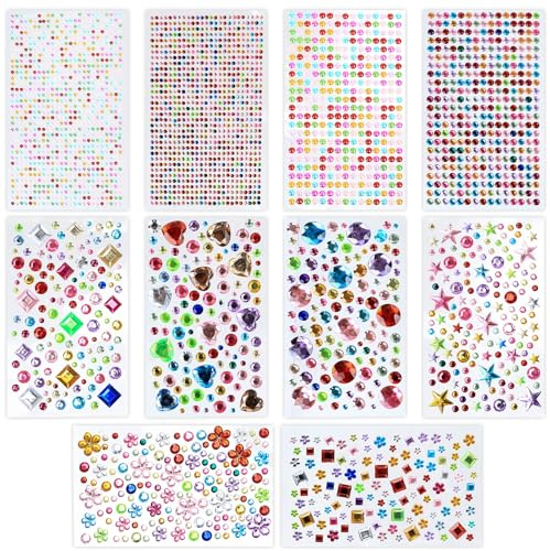1800 STK/10 Blätt Glitzersteine Selbstklebende Strasssteine, Glitzersticker, Schmucksteine zum Basteln, Bunt Glitzer Steine Glitzer Sticker Klebesteine für Mädchen Kinder DIY Grußkarten Fotorahmen