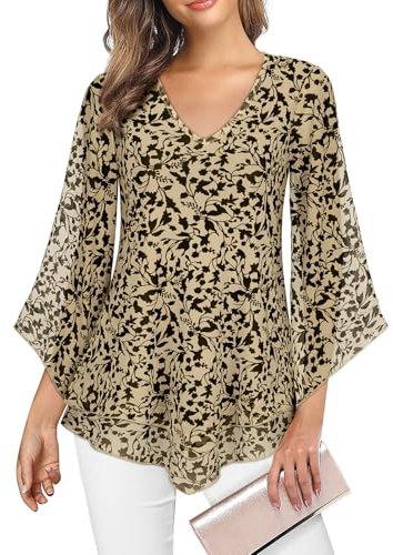 Gemulate Women Tops Ladies Evening Tops Blouses Ruffle 3/4 Sleeve Tunic Tops Loose Flowy V Neck Dresses for Women UK Double Layers Mesh Shirts Wedding Guest Tops - Apricot Floral, L