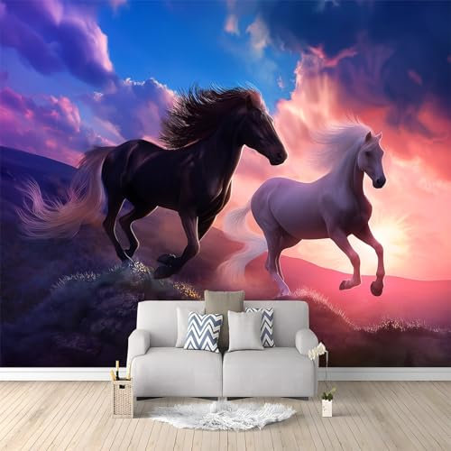 Papier Peint Panoramique 3D Animal Cheval Coucher De Soleil Ciel Murale Chambre à Coucher Maison Décoration Intérieure, Papier Peint intissé fond pour Chambre D'Enfant Salon Murale 400x280 cm