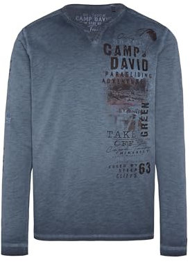Camp David Herren Langarmshirt mit Twill-Patches und Artworks Blue Navy S