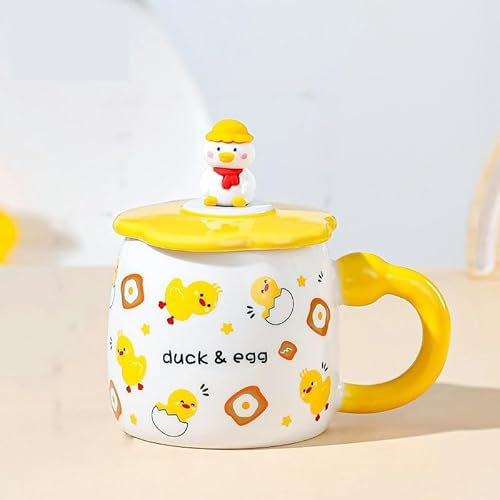 TOXVEK Tazza In Ceramica Con Piccola Papera Gialla Del Fumetto Con Tazza Da Colazione In Silicone Con Coperchio, Grande Capacità 400 Ml