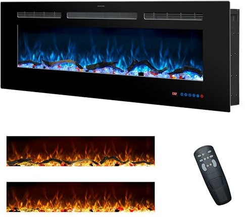 RODALFLAME 48/122cm Electric Fireplace Inserts, Recessed & Wall Mounted Fireplace Heater with 13 Flame & Fuel Bed for Indoor Use, Remote Control, Log &Crystal, Timer