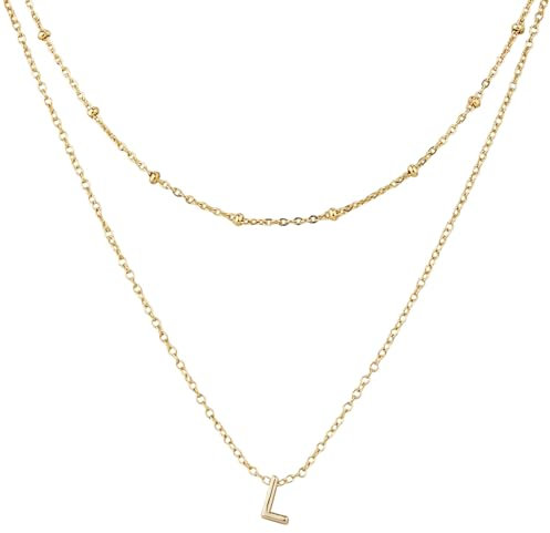 Mikovivi 1 Collar con Letra Inicial y 1 Cadena Corta, Collar con Alfabeto Chapado en Oro de Moda Collares con Iniciales en Capas Collar Gargantilla con Colgante Pequeño para Joyería de Mujer (L)